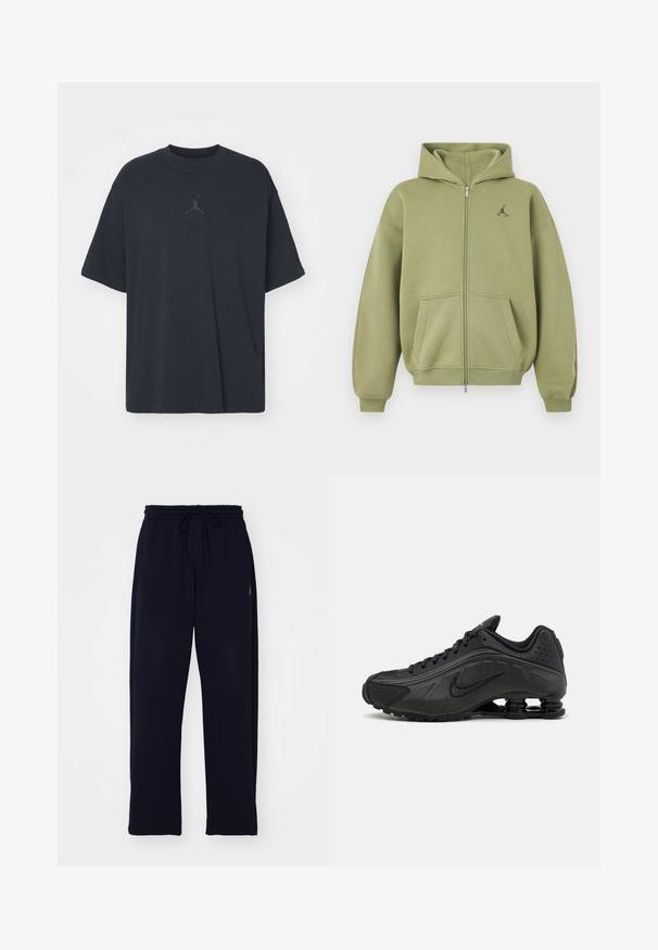 Olivgrüner Kapuzenpullover mit Reißverschluss, Fronttaschen, gerippten Bündchen und Saum, Kapuze und kleinem schwarzem Logo auf der oberen linken Brust.; Schwarzes Baumwoll-T-Shirt mit lockerem Schnitt, rundem Hals, kurzen Ärmeln, mit einem dezenten Logo und dem Text "AIR" über dem Logo in der Mitte.; Schwarze Sweatpants aus weichem Stoff. Mit einem elastischen Bund und einem Kordelzug sowie seitlichen Taschen. Gerades Bein-Design.; Schwarze Laufschuhe mit einem glatten synthetischen Obermaterial, durchbrochenen Akzenten, strukturierten Seitenpaneelen und einer ausgeprägten federnden Sohle.