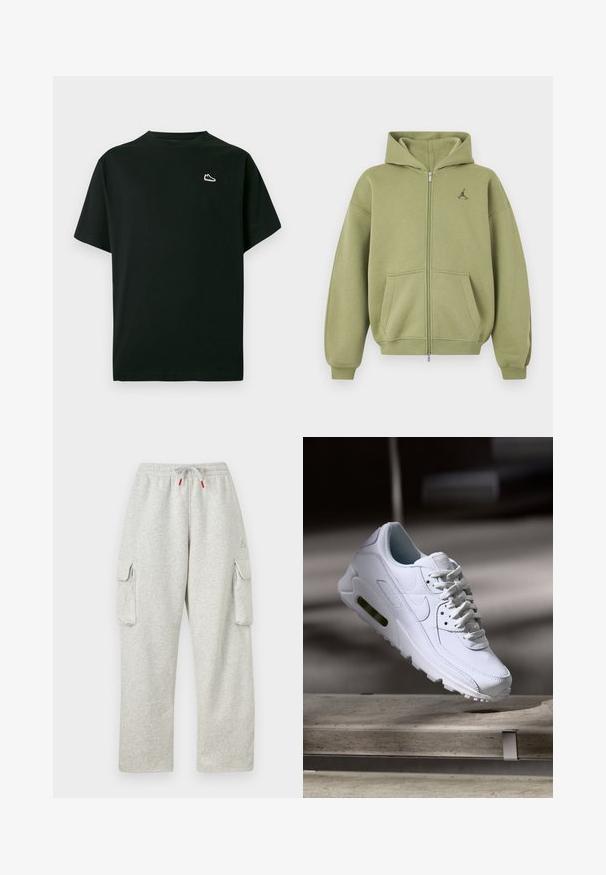 Sweat à capuche zippé vert olive avec poches avant, poignets et ourlet côtelés, capuche et petit logo noir sur la partie supérieure gauche de la poitrine.; T-shirt en coton noir avec col rond, manches courtes et petit logo de baskets blanches sur le côté gauche de la poitrine. Texture douce, coupe décontractée.; Pantalon de survêtement gris clair avec taille élastique, cordon avec embouts rouges et grandes poches à rabat sur les deux cuisses.; Baskets blanches en cuir avec des surfaces texturées, un col rembourré et un amorti d'air visible dans la semelle. Elles possèdent des lacets et un design minimaliste.