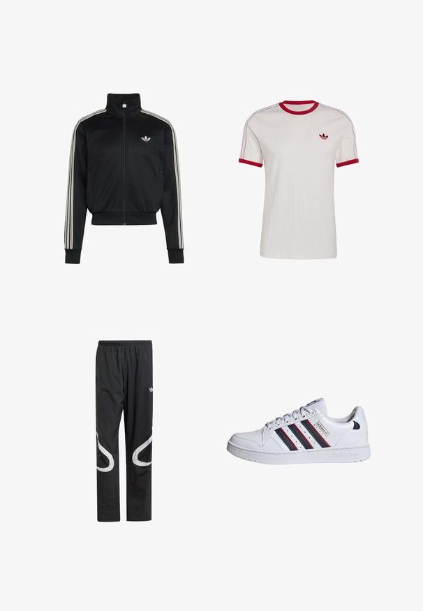 Schwarze Adidas Jacke mit Reißverschluss, weißen drei Streifen an den Ärmeln und dem Adidas-Trefoil-Logo auf der linken Brust.; Weißes kurzärmeliges T-Shirt mit rotem Kragen und Ärmelsäumen, dünnen roten Streifen auf den Schultern und rotem Adidas-Trefoil-Logo auf der Brust.; Schwarze Sporthosen mit einem elastischen Bund, die große weiße geschwungene Akzente an den Seiten und ein kleines Logo an der Oberschenkeloberseite aufweisen.; adidas Originals Sneaker low - white