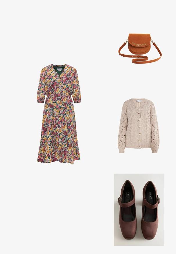 Beige gebreide cardigan met een V-hals, kabelsteekontwerp, ruitpatronen en vijf knopen met een gestructureerde afwerking.; Bloemen midi-jurk met gele, roze en bordeaux bloemen op een donkergroene achtergrond, V-hals, driekwart mouwen en een geplooide taille.; Bruine suede Mary Jane schoenen met een ronde neus, enkelbandje en een lage plateauhak, en voorzien van een gevoerde binnenkant voor comfort.; Bruine suède crossbodytas met verstelbare riem en kleine witte bloemenborduursel op de voorflap.