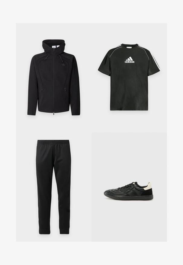 Sort lynlåsjakke med høj krave, snøre i hætten, lynlåslommer på siderne og diskret logo på brystet, vist på ensfarvet baggrund.; Sort T-shirt med korte ærmer, hvide Adidas-logo på brystet og hvide striber på skuldrene. Fremstillet af glat stof, afslappet pasform.; Sorte træningsbukser lavet af glat stof, med elastisk talje, tætsiddende ben og ribbede manchetter ved anklerne.; ALDO THEPITCH - Sneakers - black