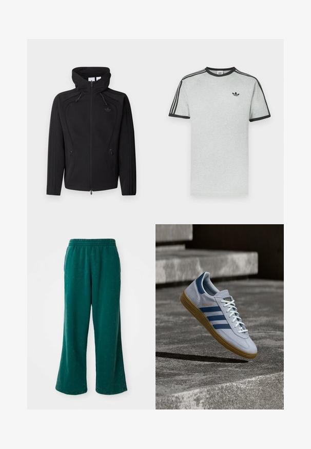 Chaqueta negra con cremallera frontal, cuello alto, capucha con cordón, bolsillos laterales con cremallera y logotipo discreto en el pecho, mostrada sobre un fondo liso.; Camiseta gris con detalles en negro, con cuello redondo y mangas cortas. Tres rayas negras en los hombros, pequeño logo en el pecho.; Pantalones de chándal verdes de pierna ancha con una textura suave, que cuentan con una cinturilla elástica y bolsillos laterales. Tejido duradero con un corte relajado.; Zapatilla Adidas Spezial azul claro con rayas azul marino y suela de goma, mostrada en el aire sobre escalones de hormigón en un entorno exterior neutral.