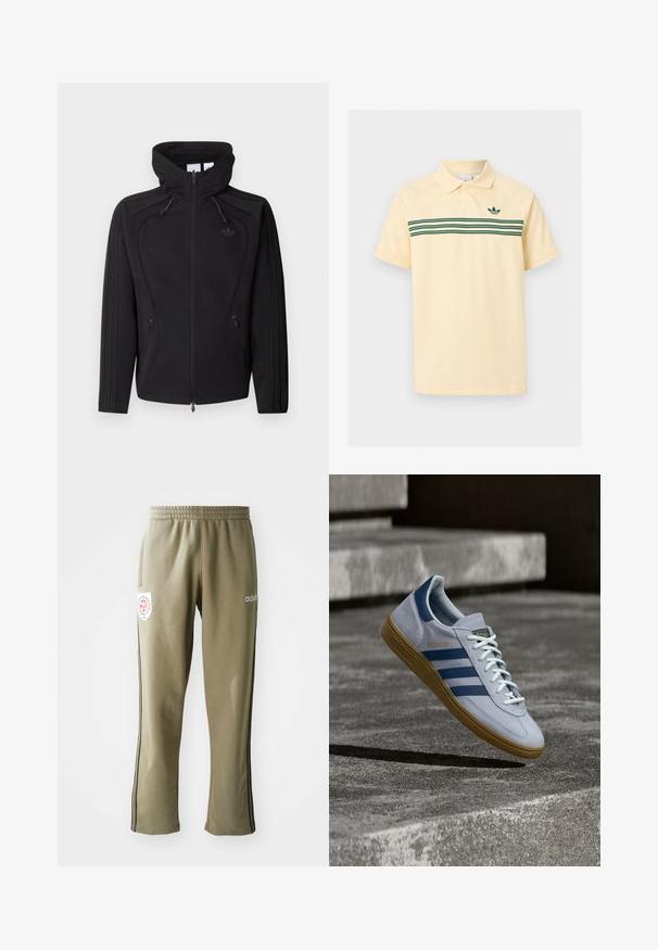 Chaqueta negra con cremallera frontal, cuello alto, capucha con cordón, bolsillos laterales con cremallera y logotipo discreto en el pecho, mostrada sobre un fondo liso.; Polo de manga corta amarillo pálido con tres franjas horizontales verdes y un logo verde de Adidas en el pecho.; Pantalones deportivos de color verde oliva con cintura elástica, bolsillos laterales, rayas negras a los lados y un parche de logo en el muslo.; Zapatilla Adidas Spezial azul claro con rayas azul marino y suela de goma, mostrada en el aire sobre escalones de hormigón en un entorno exterior neutral.