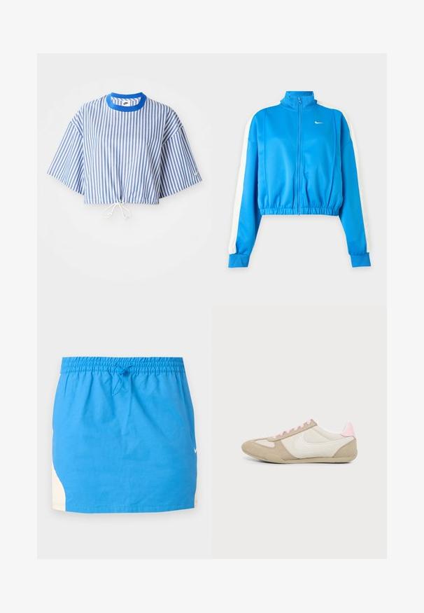 Sinine spordijakk lukuga, valgete triipudega varrukatel, elastse vöökohaga ja väikese valge Nike logoga vasakul rinnal.; Lühike särk siniste ja valgete vertikaalsete triipudega, lühikeste laiale varrukatele ja tõmbluku vööl. Esitelt sinine ümar kaelus.; Sinine sportlik seelik, millel on elastne vöökoht ja pael, valged külgpaneelid ning väike valge Nike'i logo paremal küljel.; Beež ja valge toss, millel on roosad paelad ja kannadetailid, küljes valge Nike Swoosh logo, näidatud seestpoolt.