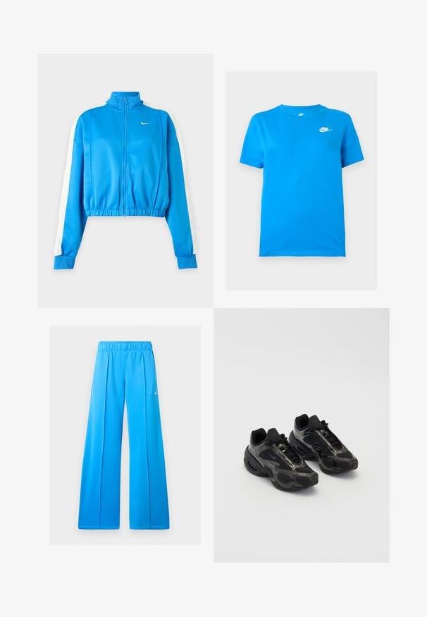 Veste de sport bleue zippée avec des bandes blanches sur les manches, taille élastique et petit logo Nike blanc sur la poitrine gauche.; T-shirt Nike bleu à manches courtes avec col rond et logo Nike blanc sur la partie supérieure gauche de la poitrine, sur un fond uni.; Pantalon de sport bleu vif à jambes larges avec taille élastique et petit logo blanc Nike swoosh sur la cuisse droite.; Chaussures de sport noires en matériau synthétique, avec des accents en mesh et des semelles arrondies. Équipées d'un système de laçage et d'un logo Nike bien visible sur la languette.