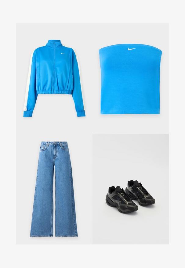 Chaqueta deportiva azul con cremallera, franjas blancas en las mangas, cintura elástica y un pequeño logo blanco de Nike en el pecho izquierdo.; Top tubo sin tirantes de Nike en azul brillante con logo blanco Swoosh centrado cerca del borde superior.; Jeans de mezclilla azul de pierna ancha con una cintura alta, que presentan un diseño clásico de cinco bolsillos y costuras a lo largo de los lados para un detalle adicional.; Zapatos deportivos negros con material sintético, acentos de malla y suelas redondeadas. Presenta un sistema de cordones y un destacado logo de Nike en la lengüeta.
