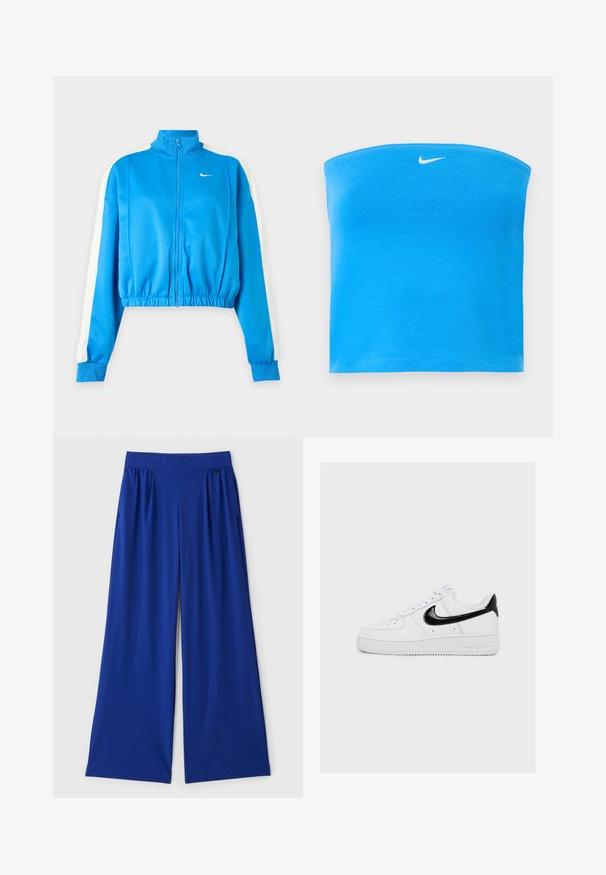 Sinine spordijakk lukuga, valgete triipudega varrukatel, elastse vöökohaga ja väikese valge Nike logoga vasakul rinnal.; Erksinise sinine Nike õlavaba tuubitops valge Swooshi logoga, mis asub tsentraalselt peaaegu ülemise ääre juures.; Heledad püksid erksinises, valmistatud siledast ja venivast kangast. Omab elastset vööd ja küljetaskuid, et pakkuda mugavust.; Valge madala säärega tenniskingad musta Nike'i logoga ja kontsakuupeaga, valged paelad ning perforatsioonid varvaste piirkonnas.