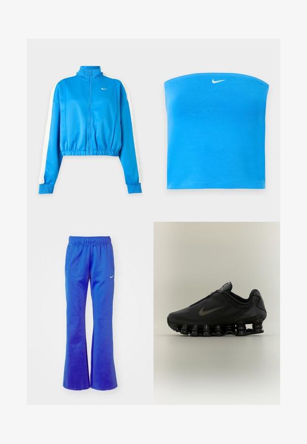 Sinine spordijakk lukuga, valgete triipudega varrukatel, elastse vöökohaga ja väikese valge Nike logoga vasakul rinnal.; Erksinise sinine Nike õlavaba tuubitops valge Swooshi logoga, mis asub tsentraalselt peaaegu ülemise ääre juures.; Heledad sportlikud püksid eredas sinises, millel on elastne vöökoht, kaks küljetaskut ja väike valge logo esiküljel.; Must Nike tennisejalats lukuga pealisega ja iseloomuliku kevadise jaotusega tallaga, nähtud küljelt neutraalsel taustal.