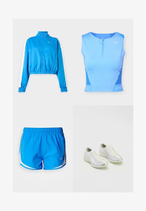 Modrá športová bunda na zips s bielymi pásmi na rukávoch, elastickým pásom a malým bielym logom Nike na ľavej strane hrudníka.; Svetlomodrý atletický krátky top bez rukávov so zipsom vpredu, perforovanými bočnými panely a bielym logom Nike Swoosh na pravej strane hrudníka.; Modré športové šortky s elastickým pásom, bielymi bočnými akcentmi a strieborným logom na ľavej prednej strane. Hladká, ľahká látka.; Nike Sportswear AIR SUPERFLY - Tenisky - pale ivory/silver-coloured