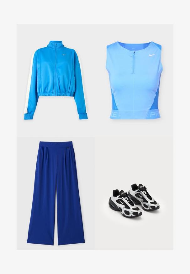 Modrá športová bunda na zips s bielymi pásmi na rukávoch, elastickým pásom a malým bielym logom Nike na ľavej strane hrudníka.; Svetlomodrý atletický krátky top bez rukávov so zipsom vpredu, perforovanými bočnými panely a bielym logom Nike Swoosh na pravej strane hrudníka.; Široké nohavice v jasne modrej farbe, vyrobené z hladkej, elastickej látky. Majú elastický pás a bočné vrecká pre praktickosť.; Čierne a strieborné športové topánky s vrchnou časťou z sieťoviny a syntetických materiálov, ktorá sa vyznačuje výrazným vlnitým dizajnom a polstrovaným golierom, so vzduchovým odpružením v podrážke.
