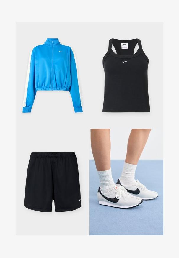 Veste de sport bleue zippée avec des bandes blanches sur les manches, taille élastique et petit logo Nike blanc sur la poitrine gauche.; Top court côtelé Nike noir à dos nageur avec logo Nike swoosh blanc centré sous l'encolure.; Shorts de sport Nike noirs avec une taille élastique et un petit logo Nike blanc sur la partie inférieure de la jambe droite, présentés sur un fond clair uni.; Baskets en maille blanches avec des accents noirs, bout rond et semelle en caoutchouc plate. Associées à des chaussettes blanches côtelées.