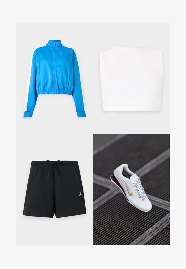 Blauwe sportjas met ritssluiting, witte strepen op de mouwen, een elastische taille en een klein wit Nike-logo op de linkerborst.; Wit mouwloos cropped topje met een hoge halslijn, gemaakt van gladde stof, met een aansluitende pasvorm en strakke randen.; Zwarte sportkorte broek met trekkoord in de taille en een klein wit Jumpman-logo op het linkerbeen.; Witte sportschoen met een gestructureerde bovenkant, gouden swoosh-logo, rode accenten bij de hiel en grijze veters. Verhoogde zool voor demping.