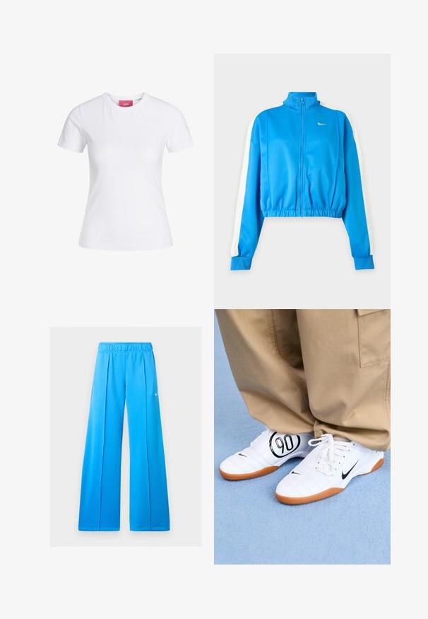 Modrá športová bunda na zips s bielymi pásmi na rukávoch, elastickým pásom a malým bielym logom Nike na ľavej strane hrudníka.; Biele priliehavé tričko s krátkym rukávom a okrúhlym výstrihom, s ružovou značkou JJXX vo vnútri goliera, zobrazené na jednoduchom pozadí.; Svetlomodré atletické široké nohavice s elastickým pásom a malým bielym logom Nike swoosh na pravom stehne.; Biele športové topánky s prešívaným vzorom, čierny Nike swoosh a výrazná čierna grafika "90" na boku, v kombinácii s khaki nohavicami.