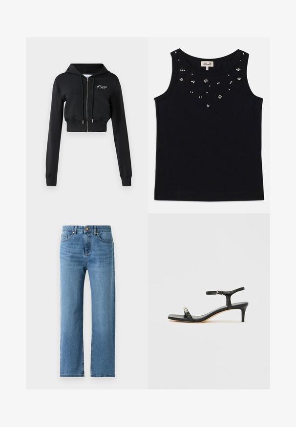 Schwarze, kurze Kapuzenjacke mit langen Ärmeln, Reißverschluss, Taschen auf der Vorderseite und gesticktem Design auf der Brust. Hergestellt aus weichem, elastischem Stoff.; Schwarzes ärmelloses Tanktop mit Rundhalsausschnitt, versehen mit verstreuten silbernen Verzierungen auf der Vorderseite. Hergestellt aus einem weichen Stoff.; Blaue gerade geschnittene Jeans mit Fronttaschen, Gürtelschlaufen und Knopfverschluss vor einem schlichten weißen Hintergrund.; Schwarze Leder-Sandale mit Absatz und Knöchelriemen, offenem Zehenbereich, quadratischer Vorderseite und silbernen Metallakzenten. Eng anliegendes Design mit schlanker Silhouette.