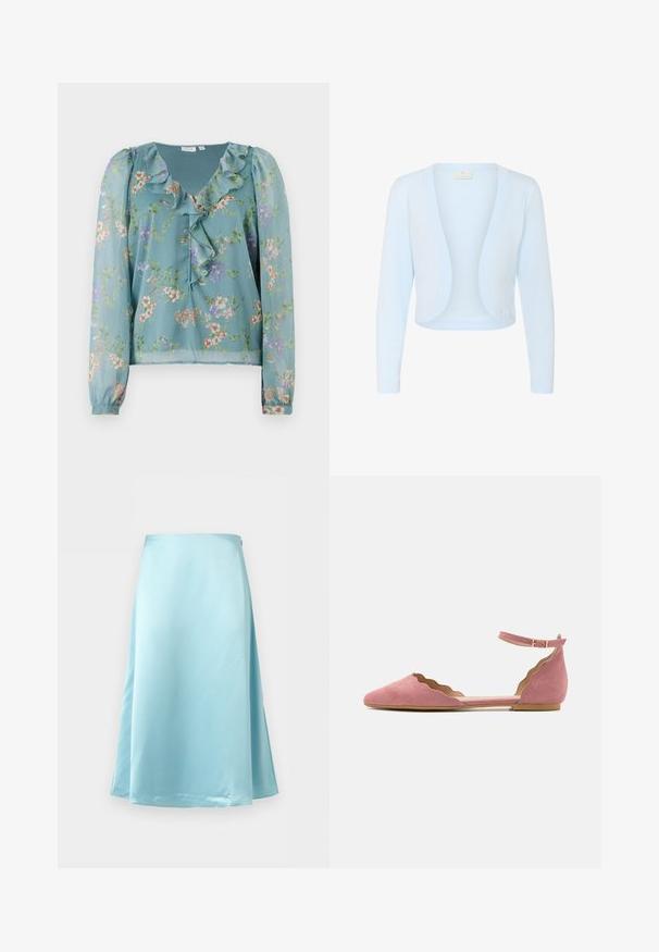 Cardigan court bleu clair en tissu tricoté doux. Il se caractérise par des manches longues et un design ouvert avec des bords arrondis. Sans fermetures.; Blouse florale en tissu léger teal transparent ; présente un col froncé, des manches longues et de petits motifs de fleurs multicolores sur l'ensemble.; Jupe midi en satin bleu clair avec une légère évasement et une texture lisse, présentée sur fond blanc.; Anna Field Babies - light pink