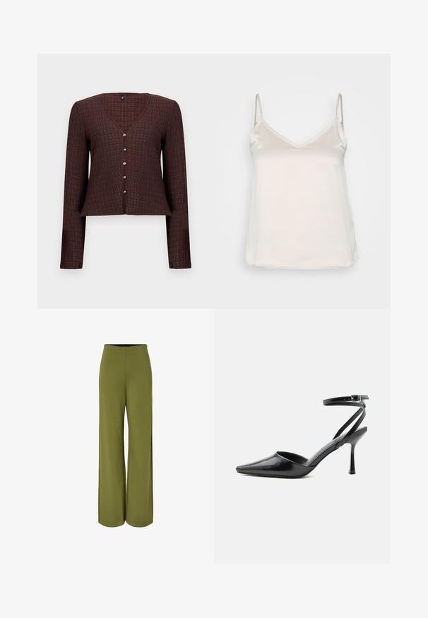 Cardigan à manches longues texturé marron foncé avec col en V et cinq petits boutons ronds sur le devant.; Camisole beige soyeux avec des bretelles fines réglables et un décolleté en V subtil, présentant une surface lisse et non texturée.; Pantalon large vert olive avec une taille haute et un tissu lisse et fluide, présenté sur fond blanc.; Escarpin noir à bout pointu avec fines brides de cheville et fermeture à boucle argentée sur fond clair uni.
