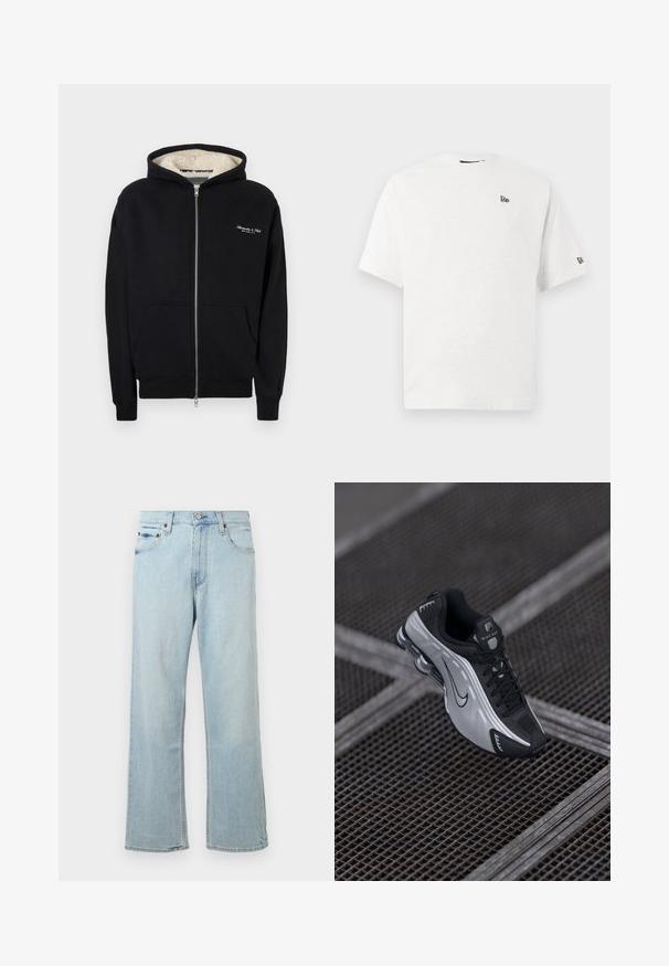 Sudadera con cremallera negra hecha de tela suave, con capucha forrada de forro polar, bolsillos frontales y logo bordado en blanco en el pecho.; Camiseta blanca de algodón con mangas cortas, cuello redondo y un pequeño logo negro en el lado izquierdo del pecho y la manga derecha.; Vaqueros de mezclilla azul claro con un diseño holgado y de pierna ancha. Cuenta con cinco bolsillos, presillas para cinturón y un cierre de cremallera con botón.; Zapatilla deportiva Nike con un diseño en negro y plata. Fabricada con material sintético y detalles de malla, cuenta con una suela que brinda soporte y amortiguación de aire visible.