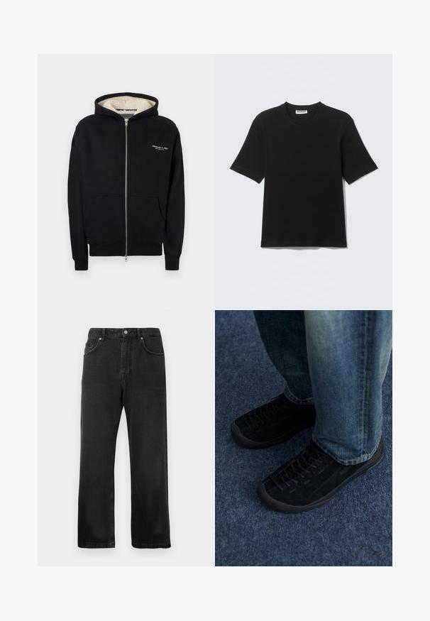 Sudadera con cremallera negra hecha de tela suave, con capucha forrada de forro polar, bolsillos frontales y logo bordado en blanco en el pecho.; Camiseta negra de manga corta con cuello redondo y etiqueta "WEEKDAY" en el interior del cuello, mostrada plana sobre un fondo claro.; Jeans negros de pierna recta con bolsillos frontales, lazos para el cinturón y un cierre de botón sobre un fondo blanco.; Zapatillas de ante negro con superficie texturizada, cordones sutiles y suelas de goma duraderas, combinadas con jeans de denim azul.