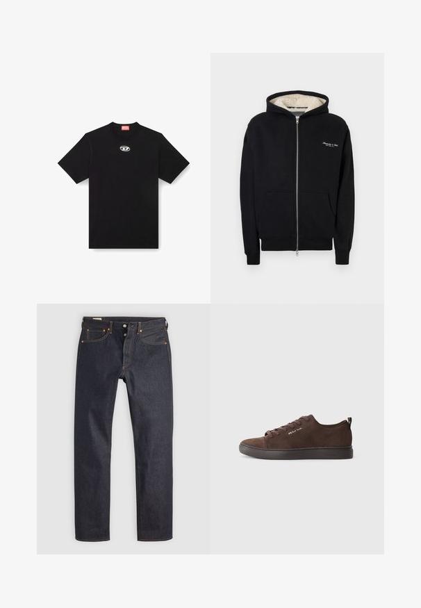 Sudadera con cremallera negra hecha de tela suave, con capucha forrada de forro polar, bolsillos frontales y logo bordado en blanco en el pecho.; Camiseta de algodón negra con cuello redondo y mangas cortas. Presenta un pequeño logotipo plateado bordado en el centro del frente.; Vaqueros de mezclilla azul oscuro con diseño de pierna recta, con costuras naranjas y estilo clásico de cinco bolsillos. Cierre de botón y cremallera.; Zapatillas de ante marrón con suelas de goma oscuras, que presentan puntera redonda, cordones en el frente y un diseño sutil de marca en el lado. Diseño minimalista.
