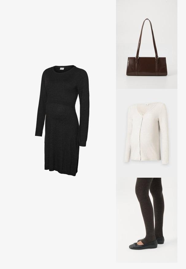 Lys beige ribbet graviditetscardigan med V-hals, lange ærmer og knaplukning; blød tekstur og tætsiddende design omkring maven.; Sort langærmet graviditetskjole lavet af blødt stof, med rund halsudskæring og let tilspidset talje for at rumme en voksende mave.; Ben iført mørke ribbede leggings kombineret med sorte balletsko med små sløjfedetaljer på hvid baggrund.; Brun lakeret håndtaske med rektangulær form, to lange håndtag og subtile buede detaljer på fronten.