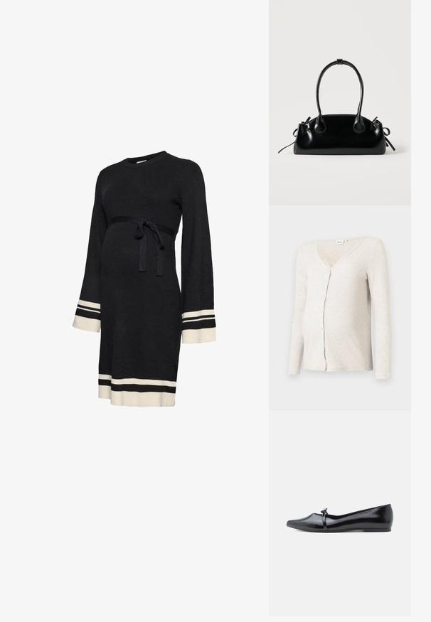Cárdigan de maternidad de color beige claro y con canalé, con cuello en V, mangas largas y cierre de botones; textura suave y diseño ajustado alrededor de la barriga.; Vestido premamá negro de canalé con mangas largas, cinturón ajustado en la cintura y franjas blancas en los puños y el dobladillo. Textura suave.; Bailarina de charol negro con punta afilada, correa decorativa y textura lisa. Diseño minimalista sin adornos visibles.; Pequeño bolso negro brillante con dos asas largas y detalles de cordón lateral sobre un fondo claro liso.