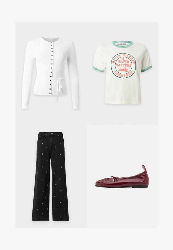 Cárdigan blanco acanalado de manga larga con cuello redondo, botones negros en la parte delantera y un delgado cinturón ajustable a la cintura.; Camiseta blanca de manga corta con ribete verde en el cuello y las mangas, con texto rojo y una gráfica de un conejo que dice "River Rabbit & Rapid Rafters Expeditions."; Jeans anchos negros de mezclilla que presentan intrincadas cuentas plateadas y bordados en patrones florales y geométricos por todo su diseño.; Bailarinas de charol burdeos con punta redondeada, suela negra delgada y un lazo en la parte frontal. Textura suave y brillante.