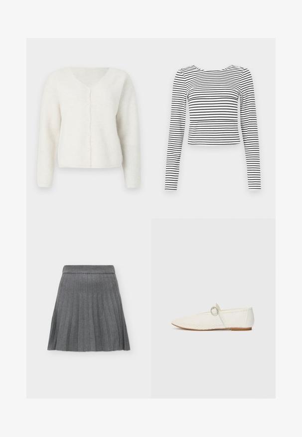 Hvid, let cardigan med V-hals og lange ærmer. Har knaplukning foran og blødt, tekstureret stof. Enkel design.; Langærmet, kort top med sort-hvidt stribet mønster, rundet halsudskæring og blødt, tekstureret stof.; Grå plisseret nederdel med bred linning, knælængde, lavet af blødt stof, vist mod en ensfarvet lys baggrund.; Hvide syntetiske flade sko med mesh-struktur, spidse tå og en sidesnor med en rund detalje. Lav hæl og fleksibel sål.