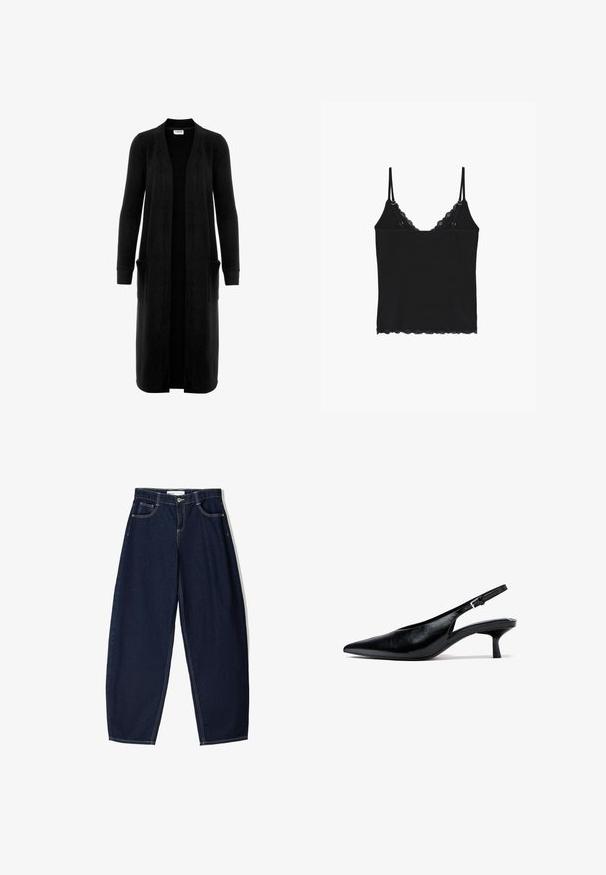 Langer schwarzer Cardigan aus weichem Stoff mit Schalkragen, offenem Frontdesign, langen Ärmeln und zwei Vordertaschen.; Schwarzes ärmelloses Top mit verstellbaren dünnen Trägern und Spitzenbesatz entlang des Ausschnitts und Saums.; Dunkelblaue Jeanshose mit lockerer Passform, ausgestattet mit fünf Taschen, kontrastierenden Nähten und einem Reißverschluss vorne.; Schwarzer Slingback-Kittenheel aus Leder mit spitzer Zehenpartie und verstellbarer Schnalle, auf weißem Hintergrund.