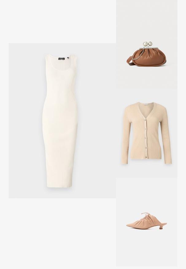 Cárdigan de punto acanalado beige con mangas largas, escote en V y cinco botones delanteros, mostrado sobre un fondo gris claro.; Vestido midi sin mangas de canalé en color blanco roto con una silueta ajustada. Presenta un escote en forma de scoop y sutiles detalles de costura curva.; Zueco de mujer de cuero beige con puntera puntiaguda, parte superior fruncida, cordón ajustable y tacón bajo de estilo kitten sobre fondo blanco.; Bolso de mano de cuero marrón con cierre de bola plateada y un pequeño detalle de cadena plateada sobre un fondo blanco.