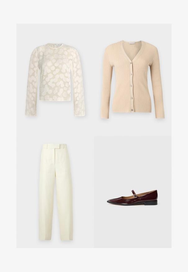 Cardigan beige en maille côtelée avec manches longues, col en V et cinq boutons sur le devant, affiché sur un fond gris clair.; Blouse crème à manches longues avec motif de points abstraits en relief, col rond et fermeture à boutons dans le dos.; Pantalon beige crème ajusté avec taille haute, passants pour ceinture, fermeture éclair à l'avant et coupe droite, sur fond uni.; Ballerines en cuir verni bordeaux de type Mary Jane avec un bout pointu, un talon plat et une sangle décorative avec une boucle circulaire.