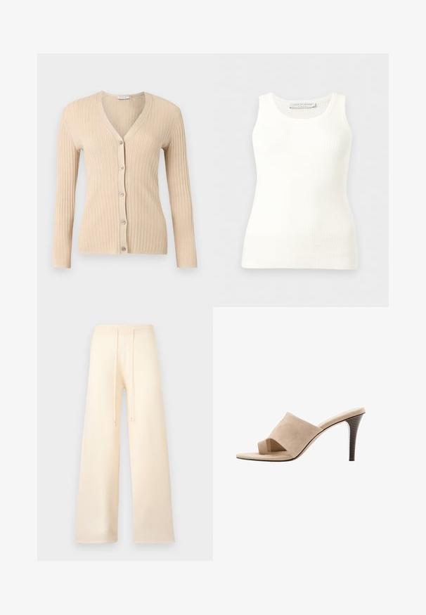 Cardigan beige en maille côtelée avec manches longues, col en V et cinq boutons sur le devant, affiché sur un fond gris clair.; Débardeur blanc côtelé sans manches avec encolure ronde, coupe ajustée, et étiquette de la marque à l'intérieur du col arrière.; Pantalon large crème avec taille élastique et cordons, présenté sur un fond clair.; Mule beige à talon haut, bout ouvert, avec une large bride supérieure en suède et un talon empilé, vue de côté sur fond blanc.