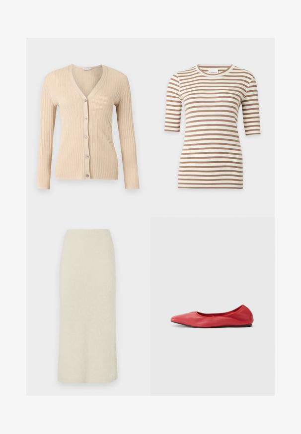 Cardigan beige en maille côtelée avec manches longues, col en V et cinq boutons sur le devant, affiché sur un fond gris clair.; Top en maille à manches courtes beige et blanc à rayures horizontales, col rond et coupe slim.; Jupe crayon couleur crème, longueur genou, en tissu doux et texturé avec une taille haute.; Filippa K REY FLATS - Ballerines - bright red