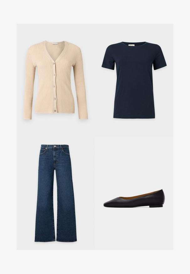 Cardigan beige en maille côtelée avec manches longues, col en V et cinq boutons sur le devant, affiché sur un fond gris clair.; T-shirt bleu marine uni à manches courtes avec un col rond sur fond gris clair.; Jean en denim bleu foncé à jambes larges avec bouton à l'avant, fermeture éclair et design à cinq poches sur fond gris clair.; Chaussure plate en cuir noir à bout pointu avec talon bas et finition lisse, vue de côté sur un fond gris clair.