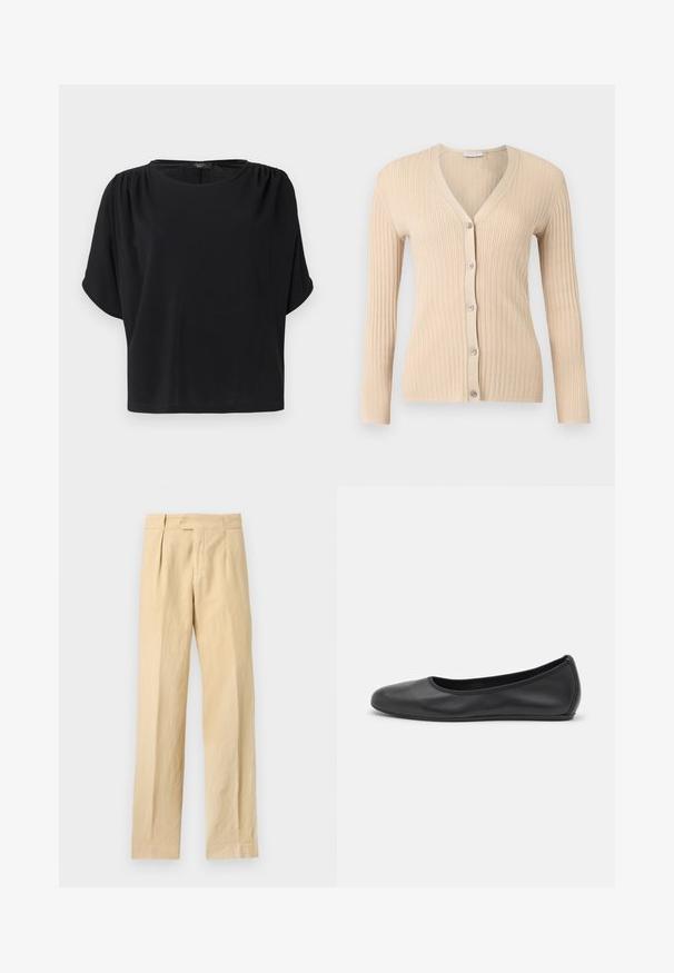 Cardigan beige en maille côtelée avec manches longues, col en V et cinq boutons sur le devant, affiché sur un fond gris clair.; Haut noir à manches courtes avec une coupe décontractée, un col rond et des détails froncés aux épaules, confectionné dans un tissu doux et léger.; Pantalon beige à jambes droites avec fermeture bouton et zip, plis devant et poches latérales sur fond uni.; Ballerines en cuir noir avec un bout rond, texture lisse, détails de couture minimalistes et design de semelle flexible.