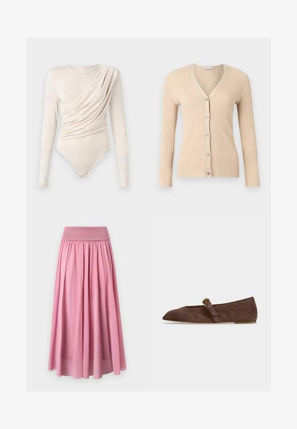 Beige ribstrikket cardigan med lange ærmer, V-hals og fem knapper foran, vist på en lysegrå baggrund.; Beige langærmet bodysuit med draperet front, glat tekstur og trykknaplukning nederst. Elegant og tætsiddende design.; Lang pink nederdel lavet af blødt stof med en bred, elastisk linning og plisseret design, der har en let og luftig tekstur.; Brun ruskind flad sko med spids tå og guldbeslået rem på siden, vist i profil mod hvid baggrund.
