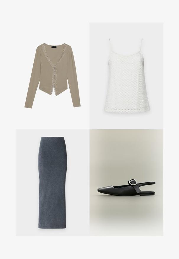 Beige Langarmoberteil mit V-Ausschnitt, das einen gewellten Spitzenbesatz entlang der Kanten und ein kurzes, abgerundetes Design hat.; Weißes gehäkeltes Tanktop mit dünnen Trägern, das aus einem strukturierten, gemusterten Stoff besteht und am Saum eine leicht ausgestellte Silhouette aufweist.; Jeans-Minirock in Dunkelblau. Mit einer figurschmeichelnden Silhouette, geradem Schnitt und glatter Textur mit subtilen gerippten Details.; Schwarzer spitzer flacher Slingback-Schuh mit silberner Schnalle und niedrigem Absatz auf neutralem Hintergrund.