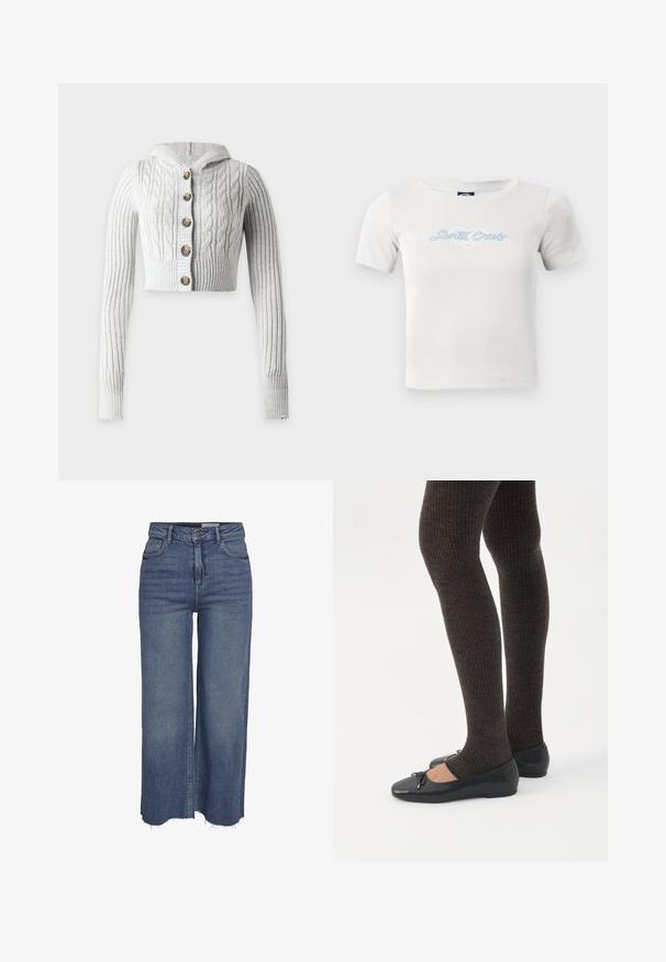 Lys grå, cropped kabelstrikket cardigan med lange ærmer, hætte og fem brune knapper foran, vist på en ensfarvet baggrund.; Hvid bomulds t-shirt med korte ærmer, med et lyseblåt "Santa Cruz" skriftlogo og hjertegrafik i midten.; Blå bred ben jeans med høj talje, frontknap, lynlås, fem lommer og frynset kant.; Ben iført mørke ribbede leggings kombineret med sorte balletsko med små sløjfedetaljer på hvid baggrund.