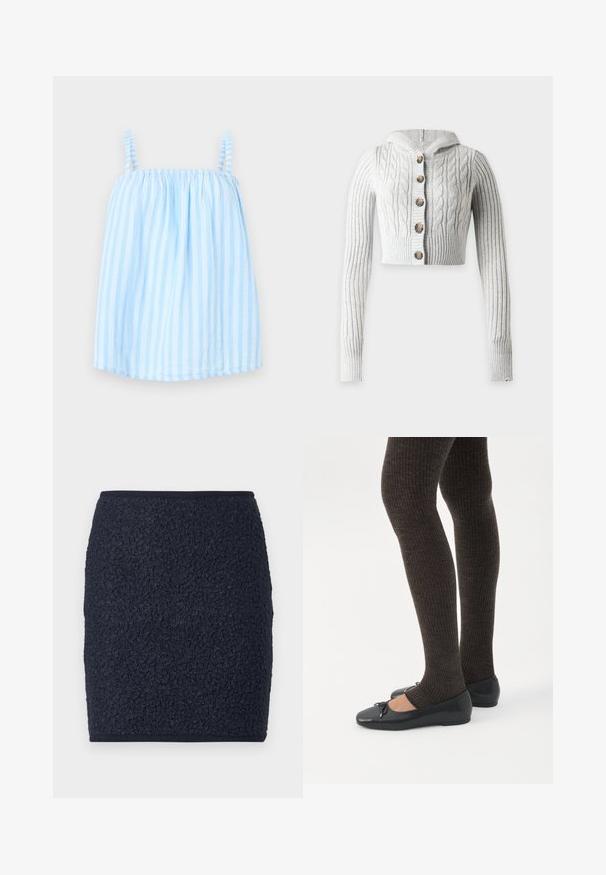 Gilet court gris clair en maille torsadée, à manches longues, avec une capuche et cinq boutons marron sur le devant, présenté sur un fond uni.; Haut sans manches bleu clair avec des rayures blanches verticales et un col élastique froncé.; Jupe bleu marine en tissu bouclé texturé. Conception droite avec une silhouette ajustée et une ceinture unie. Pas de fermetures visibles ni d'accents.; Jambes portant des leggings côtelés foncés associés à des ballerines noires avec de petits détails en nœud sur fond blanc.