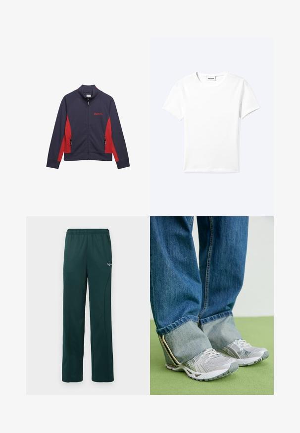 Chaqueta deportiva azul marino con paneles laterales rojos, cremallera frontal, dos bolsillos con cremallera y logo "Bench." rojo en el pecho.; Camiseta blanca lisa de manga corta con cuello redondo y una pequeña etiqueta "WEEKDAY" dentro del cuello, mostrada extendida sobre un fondo claro.; Pantalones de chándal verde oscuro hechos de una tela suave, con una cintura elástica y costuras laterales, y un pequeño logo en la parte delantera.; Zapatillas deportivas grises con material de malla y acentos blancos, combinadas con jeans de denim azul que tienen los tobillos remangados.