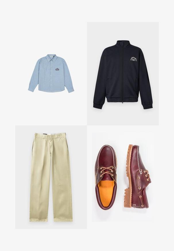 Chaqueta negra con cremallera, puños y bajo elásticos, dos bolsillos laterales y logo blanco "Carhartt WIP" en el pecho izquierdo.; Camisa de rayas azul claro, de mangas largas, con cierre de botones en la parte delantera y cuello puntiagudo. Presenta un diseño bordado en el lado izquierdo.; Pantalones beige de corte recto, confeccionados en una tela suave. Presentan bolsillos laterales y una cinturilla clásica con pasadores para cinturón.; Zapatos de cuero burdeos con suelas de goma marrón, puntera redonda, costuras blancas y ojales dorados. El interior cuenta con un forro amarillo.
