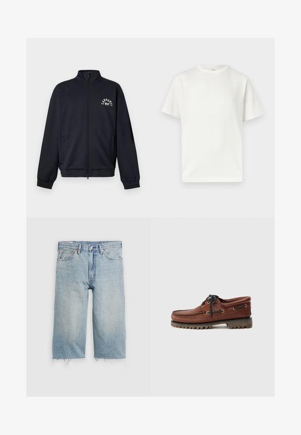Sort lynlåsjakke med elastiske manchetter og kant, to sidelommer og hvidt "Carhartt WIP" logo på venstre bryst.; Hvid kortærmet T-shirt med rund hals, vist fladt mod en hvid baggrund med et synligt GAP-mærke indeni kraven.; Lysblå denimshorts med lige snit, frynset kant, fem-lomme-design og knaplukning i taljen.; Brune læder bådsko med struktureret overdel, sorte snørebånd og gyldne øjer. Har en holdbar, rillede gummisål.