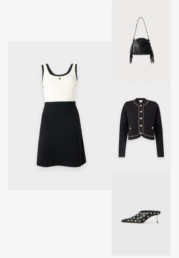 Sort cardigan med rund halsudskæring, gyldne knapdetaljer og en kædedetalje langs forkanten. Ribstrikket tekstur med forlommer.; Ærmeløs sort og hvid kjole med ribbet hvid top, sort kant, dekorativt emblem på brystet og ensfarvet sort A-formet nederdel med to forlommer.; STAND STUDIO KELSEY - Mules med hæl - black; Sort læderhåndtaske med en buet form, lang justerbar rem og frynser på begge sider mod en lys baggrund.