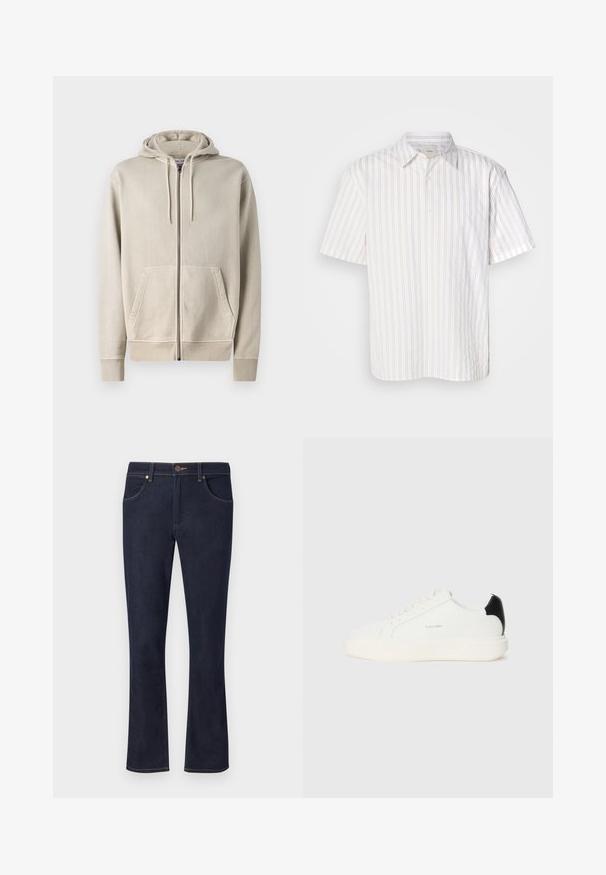 Samsøe Samsøe PIGMENT ZIP HOODIE - Mikina so zipsom - moonstruck; Krátky rukáv košeľa v bielej farbe s tenkými vertikálnymi hnedými pruhmi, zapínanie na gombíky a klasický golier. Tkanina vyzerá hladko a ľahko.; Tmavomodré denimové rifle s rovnými nohavicami, zapínaním na gombíky vpredu, pútkami na opasok a prednými vreckami na jednofarebnom svetlom pozadí.; Biele kožené tenisky s čiernym akcentom na päte, so zaoblenou špičkou, plochými šnúrkami a hrubou bielou podrážkou. Zobrazené logo Calvin Klein.