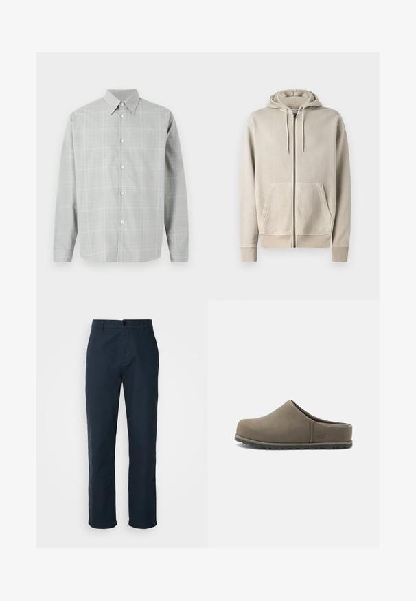 Samsøe Samsøe PIGMENT ZIP HOODIE - Mikina so zipsom - moonstruck; Šedá košeľa s dlhým rukávom s jemným kockovaným vzorom, s gombíkovým zapínaním, špicatým golierom a hladkým textilným povrchom.; Námořnické modré chinos vyrobené z bavlněné tkaniny, s rovnými nohavicemi, zapínáním na knoflík a bočními kapsami pro praktičnost.; Hnedý semisový nazúvač s uzavretou špičkou, pohodlnou podrážkou a nízkym zadným dielom, určený na bežné vnútorné a vonkajšie nosenie.
