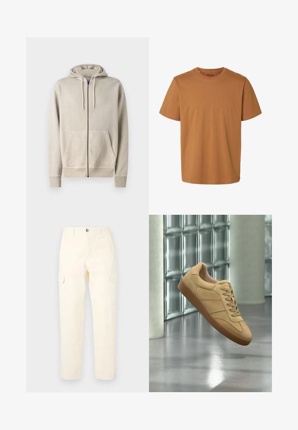 Samsøe Samsøe PIGMENT ZIP HOODIE - Sweatjakke - moonstruck; Enkelt brun kortærmet bomulds-T-shirt med rund hals og almindelig pasform, mærket "Selected Homme" inde i kraven.; Lys gule cargobukser lavet af bomuld, med sidelommer og lige ben design, med en knaplukning i taljen.; Beige ruskind sneaker med gummisål, snørelukning, svæver indendørs på poleret betongulv nær glasblokvæg.
