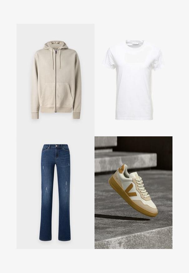 Samsøe Samsøe PIGMENT ZIP HOODIE - Mikina so zipsom - moonstruck; Biela bavlnená tričko s krátkymi rukávmi, s dizajnom okrúhleho výstrihu a hladkou textúrou. Označenie viditeľné pri výstrihu. Jednoduchý a klasický štýl.; ONLY ONLWAUW MID WAIST - Slimfit džínsy - dark blue denim; Teniska V-90 s bielym koženým zvrškom s béžovými a hnedými detailmi, textúrované prvky a gumovou podrážkou. Dizajn dopĺňajú textúrované šnúrky.