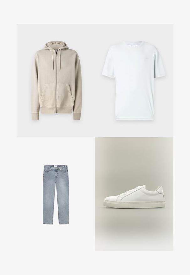 Samsøe Samsøe PIGMENT ZIP HOODIE - Mikina so zipsom - moonstruck; Svetlomodré bavlnené tričko s okrúhlym výstrihom, krátkymi rukávmi a minimalistickým vyšitým logom na hrudi. Hladká textúra, jednoduchý dizajn.; Svetlo modré džínsy s rovnými nohavicami, päť vreciek, zapínanie na gombík, jemné vyblednutie a prešitie pozdĺž vreciek.; Biela nízka teniska so šnurovaním vpredu a hrubou podrážkou, zobrazená zboku na neutrálom pozadí.