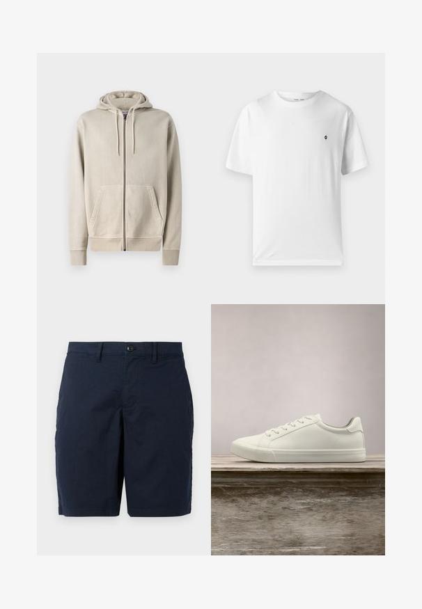 Samsøe Samsøe PIGMENT ZIP HOODIE - Sweatjacke - moonstruck; Weißes Baumwoll-T-Shirt mit rundem Halsausschnitt, kurzen Ärmeln und einem kleinen schwarzen Logo auf der Brust. Weicher Stoff, lässige Passform.; Marineblaue Shorts aus leichtem Stoff. Mit Knopfverschluss, flachem Vorderteil und zwei Seitentaschen. Klassisches, gerades Schnittdesign.; Weiße Schnürsneaker, die über einer Holzbank mit grünem Laub im Hintergrund schweben und das Schuhdesign sowie die Textur zeigen.