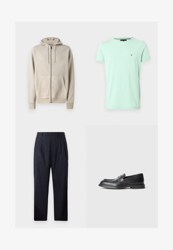 Samsøe Samsøe PIGMENT ZIP HOODIE - Sweatjakke - moonstruck; Mintgrøn T-shirt med korte ærmer og rund halsudskæring med lille Tommy Hilfiger flaglogo på venstre bryst.; Marine-stribede bukser lavet af et tekstureret stof, med knaplukning, to for-pleats og lige ben-design.; Sorte læder loafers med en struktureret finish, der har en dekorativ frontrem og en rundet tå. Gummisål for holdbarhed.