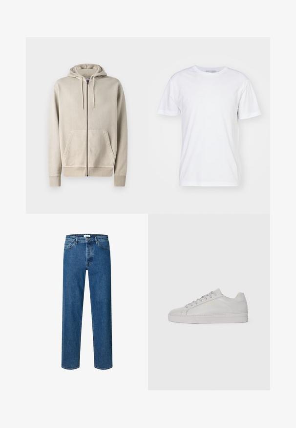 Samsøe Samsøe PIGMENT ZIP HOODIE - Vetoketjullinen college - moonstruck; Valkoinen puuvillapaita, jossa on pyöreä pääntie, lyhyet hihat ja suora leikkaus. Ilman kuvioita tai koristeita, sileä pinta ja yksinkertainen muotoilu.; Siniset suorat farkut, joissa nappi- ja vetoketjukiinnitys, vyölenkit ja viiden taskun malli.; Vaaleanharmaat nahkaurheilukengät, joissa on sileä pinta, pyöreä kärki, litteä kumipohja ja sävyyn sopivat nauhat. Sisältää minimaalista brändäystä kultaisena.